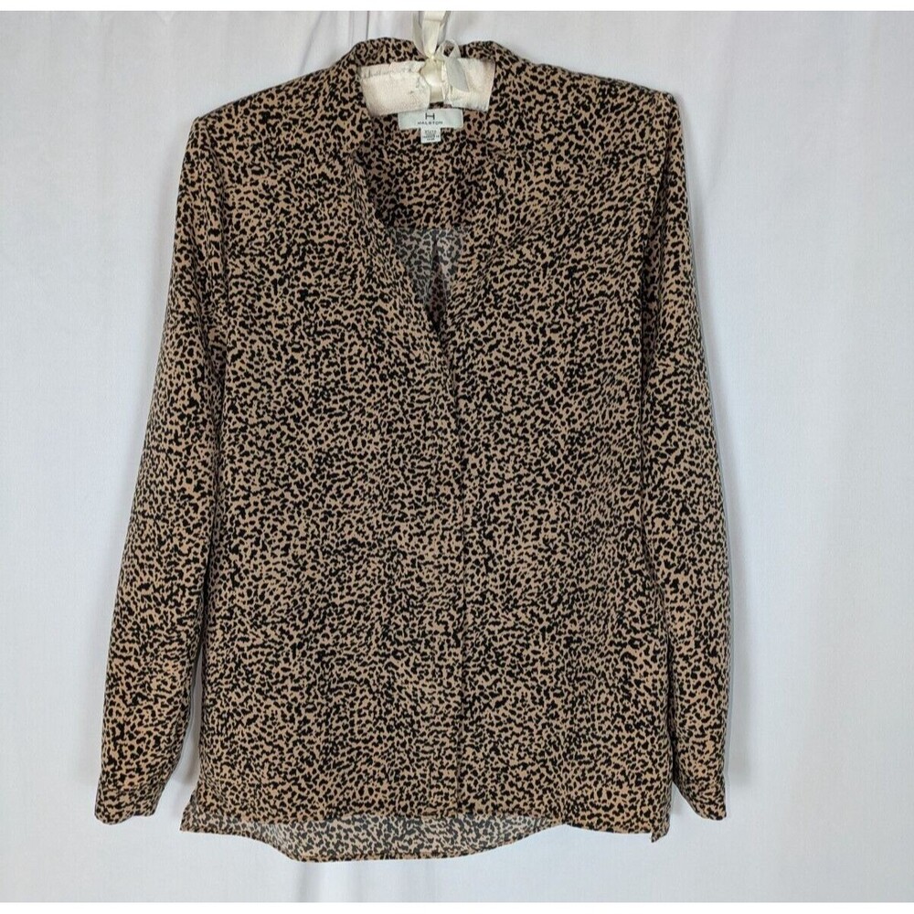 H Halston XS Leopard Print Long Sleeve Button Down Blouse Tan Black Flawed